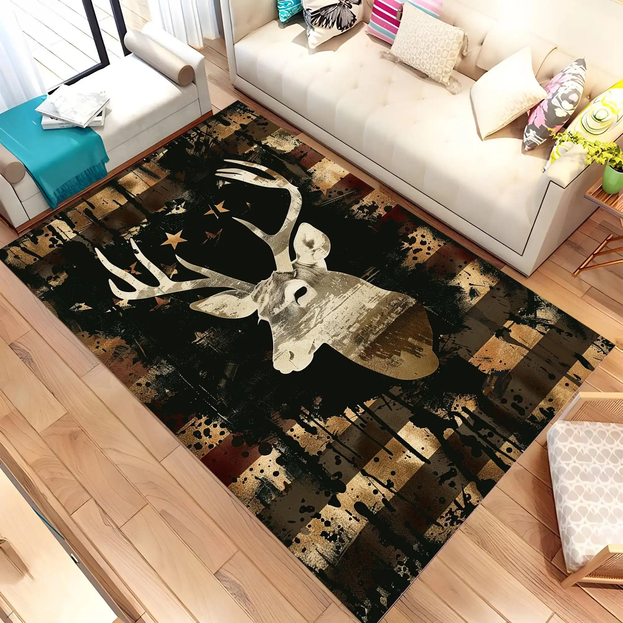 Vintage Ornate Floral Stag Head Traditional Border graphics Rug,Office Sofa Living Room, entrance door mat,Non Slip Rug,Surprise