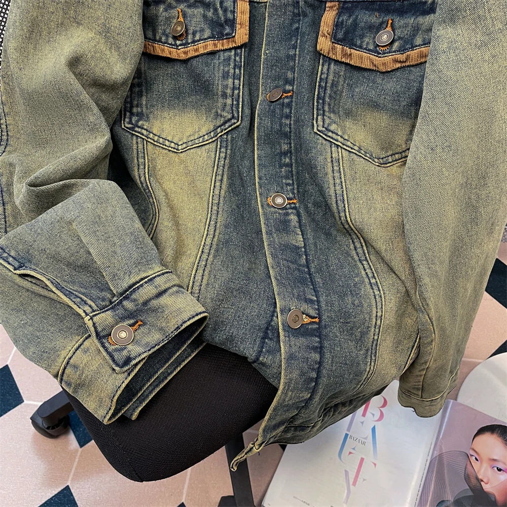 American High Street Retro Blue Denim Coat Long Sleeve Single Breasted Jacket Tops Fall Winter Loose Turn Down Collar Outerwear