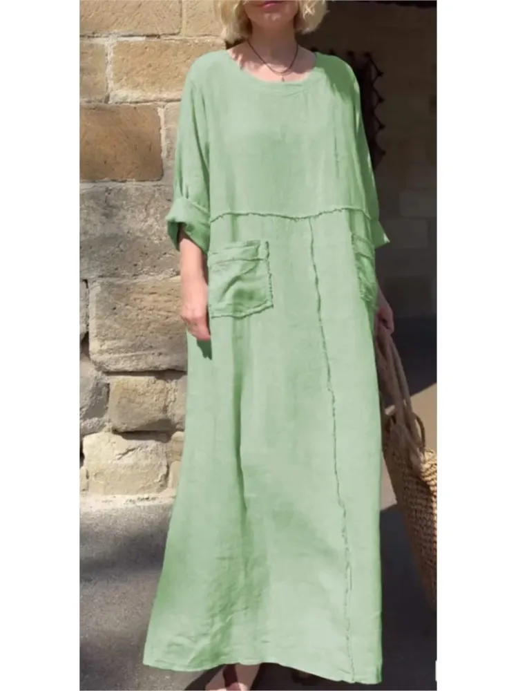 2023 frühling Herbst Beiläufige Lose Lange Kleider Frauen Tasche Baumwolle Leinen Kleid Lässig Einfarbig Rundhals Big Hem Boho Kleid
