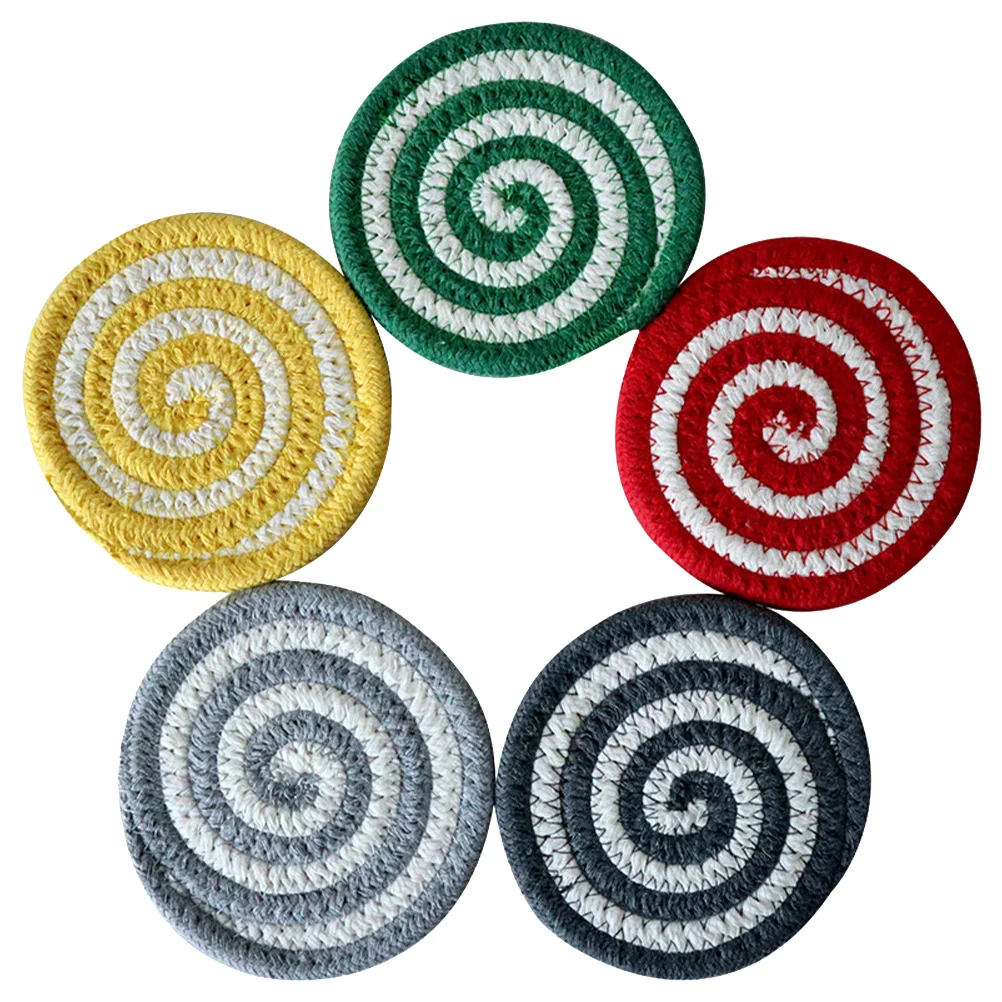 

5 Pcs Cotton Braided Coasters Round Woven Mats Absorbent Heat Insulation Drink Pads Spiral Design Kitchen Table Home Furniture