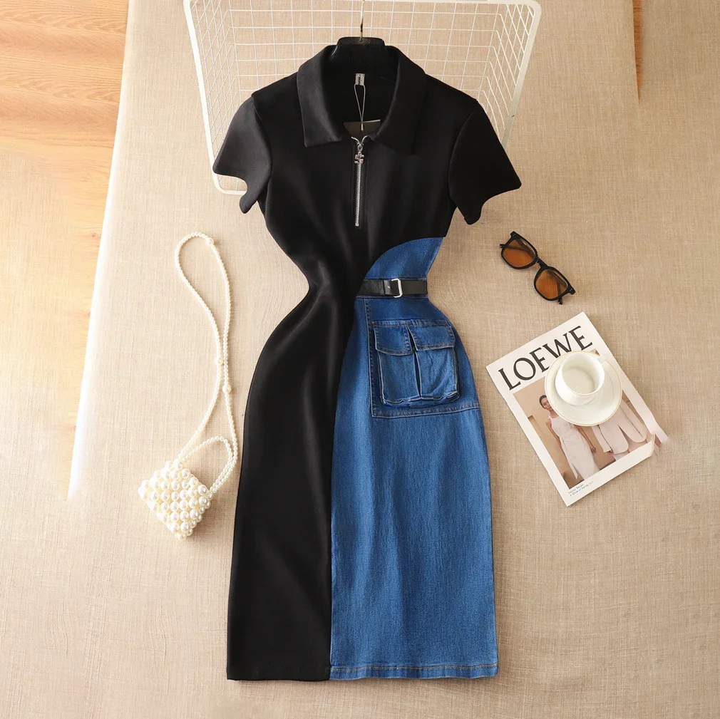 Dress Women Dresses Elegant Splice Denim Fake Two Pieces Short Sleeve Polo Neck Casual Slim Fit Mid Length Vestidos Summer