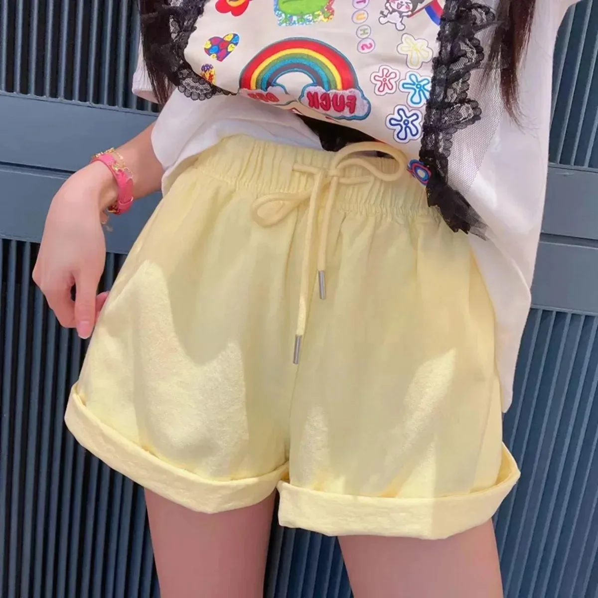 Girls pure cotton Bolaraxia new bright elastic waist versatile wide legs wear casual fashion cute shorts