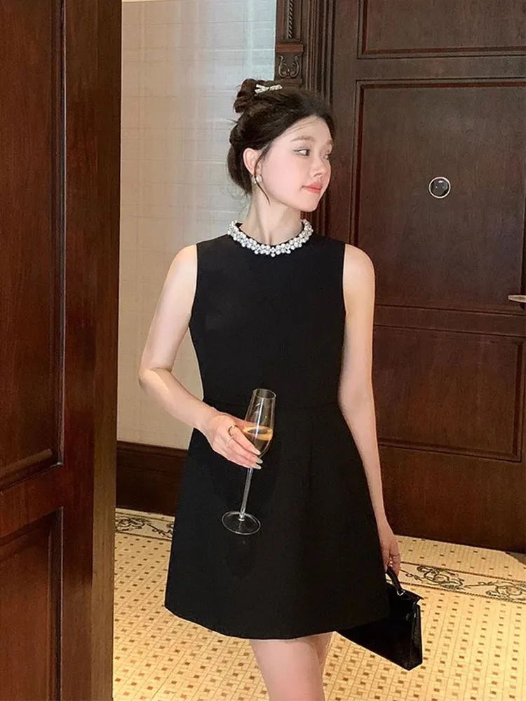 Korea Retro Black Mini Dress Vintage Pearl Beading Sleeveless A Line Dress Sundress Princess Elegant Office Lady Party Vestido