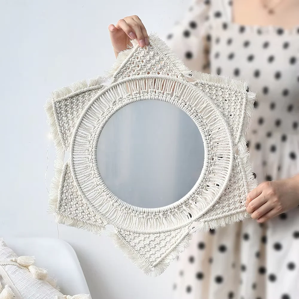 

Nordic Hand Woven Contemporary Design Tapestry Macrame Mirror for Wall Use Macrame Furniture