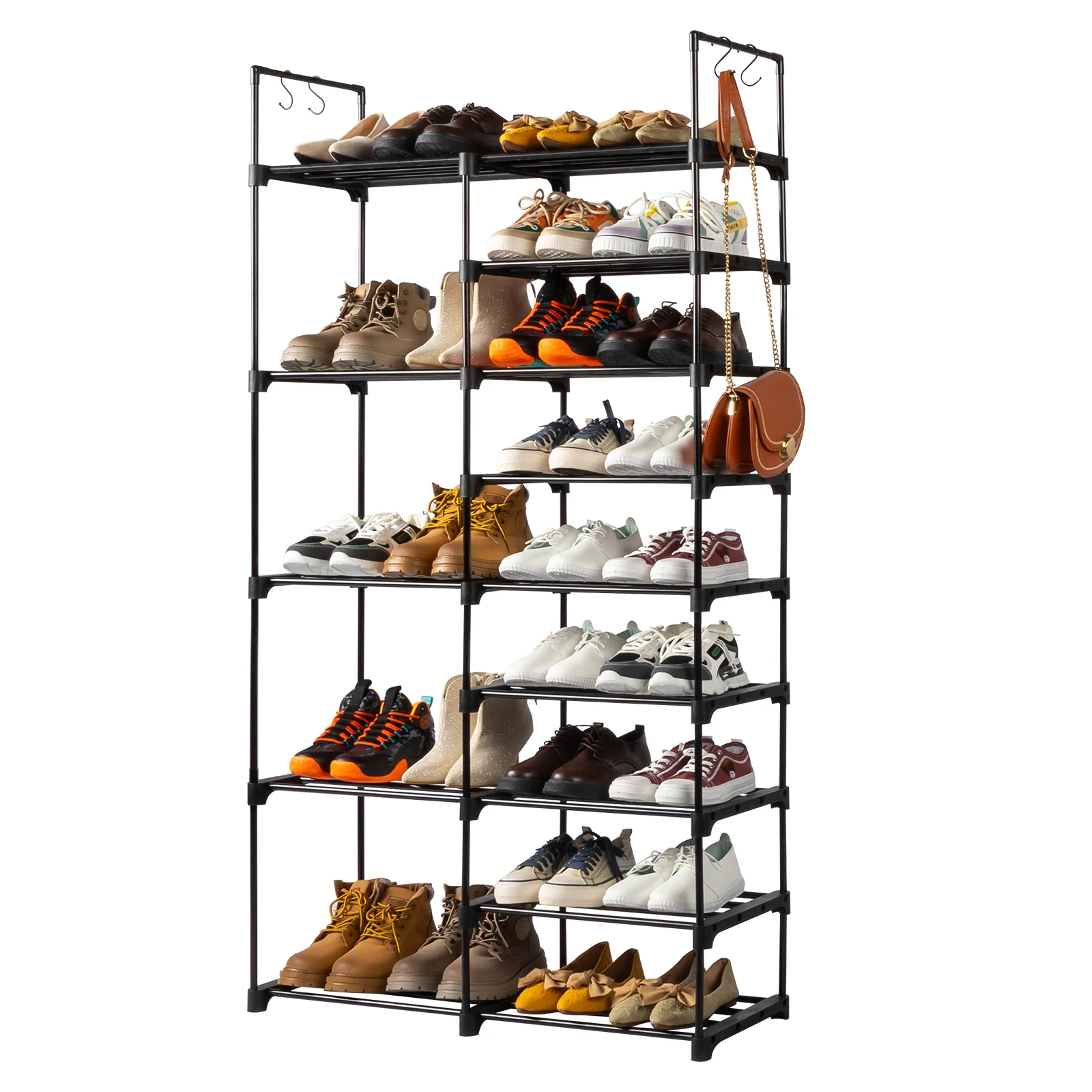 Double row 9 layers with handles Non-woven shoe rack Iron pipe + PP pad + plastic 85.7*29.8*158cm Black