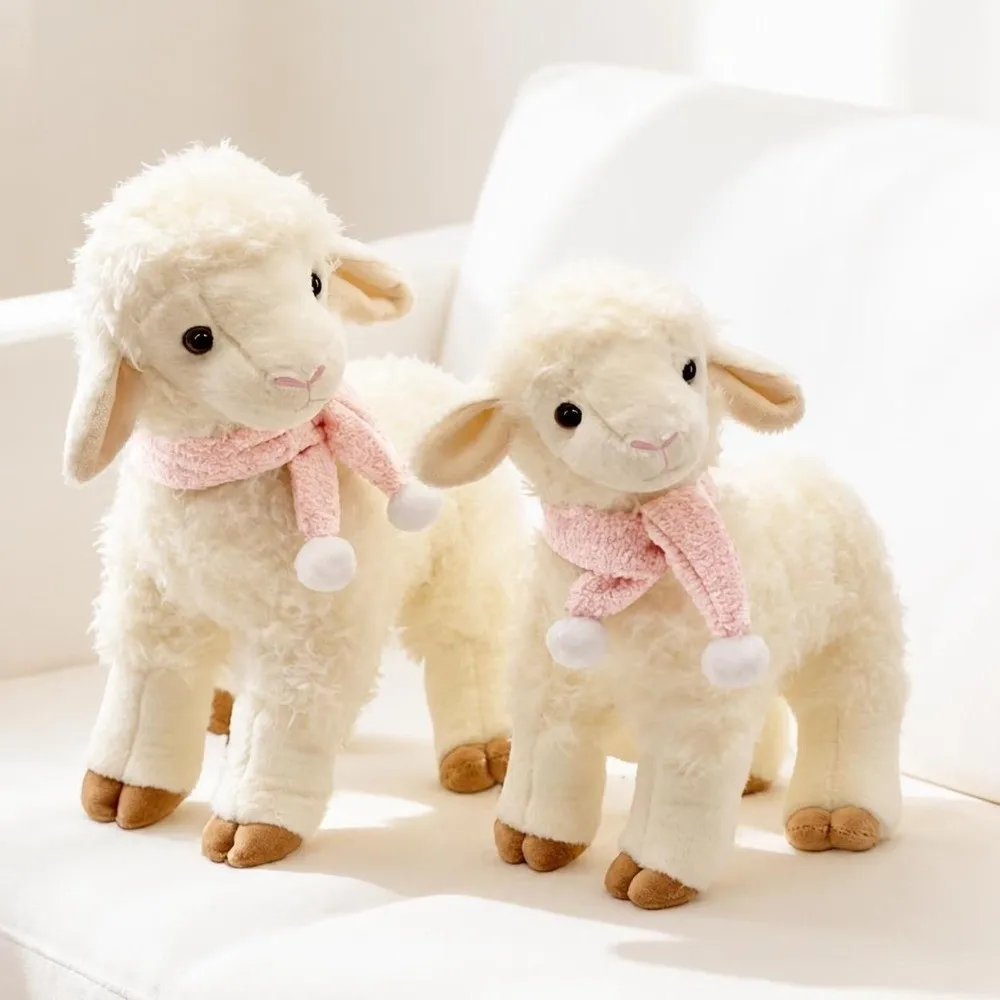 Soft 26cm 31cm Standing Sheep Soft Curly Fur Pink Scarf White Lamb Animal White Pompom Sheep Home Decor
