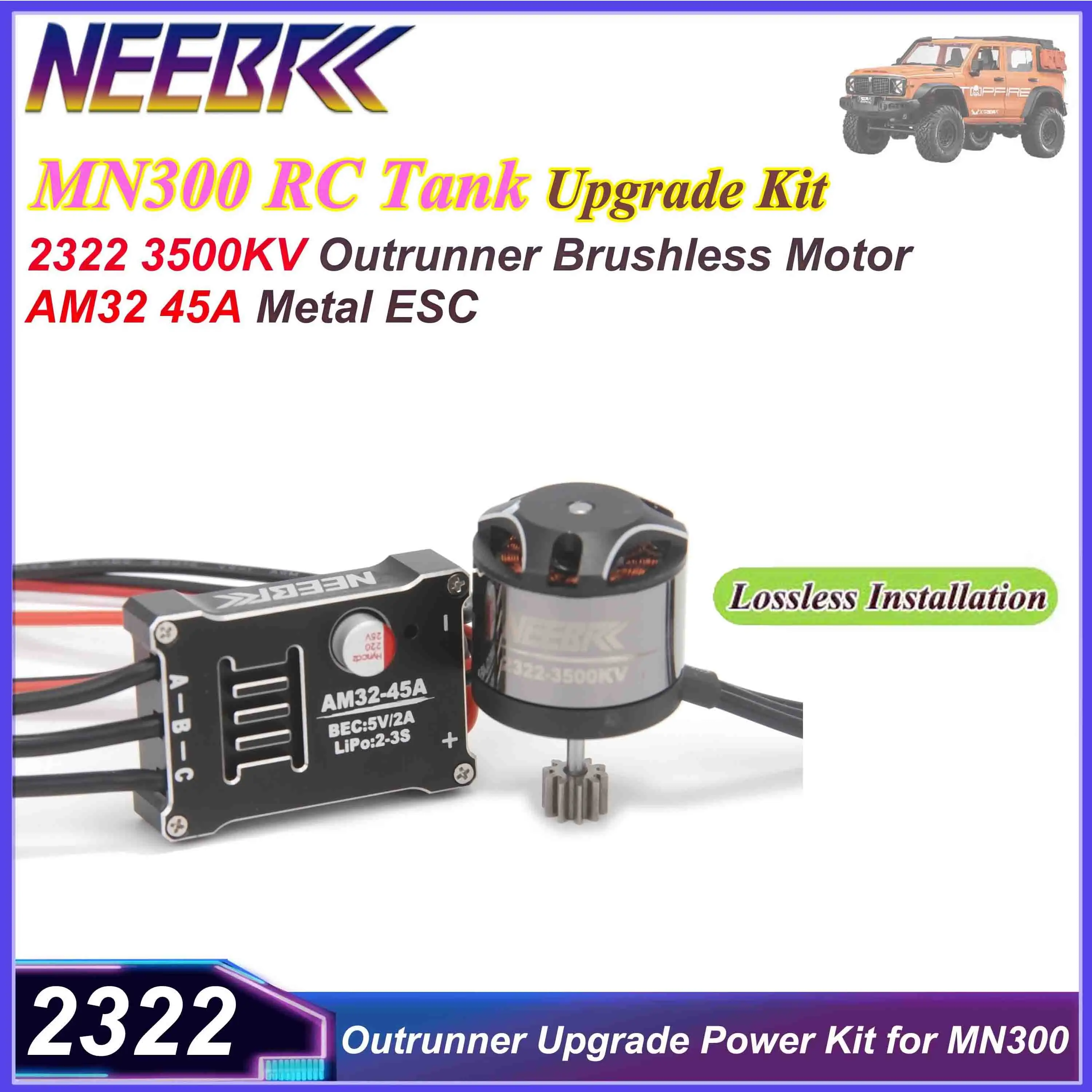 Neuestes MN300 Upgrade Kit 2322 3500KV Outrunner Bürstenloser Motor AM32 45A ESC Metallgehäuse Hohe Effizienz für RC Panzer MN300 Modell