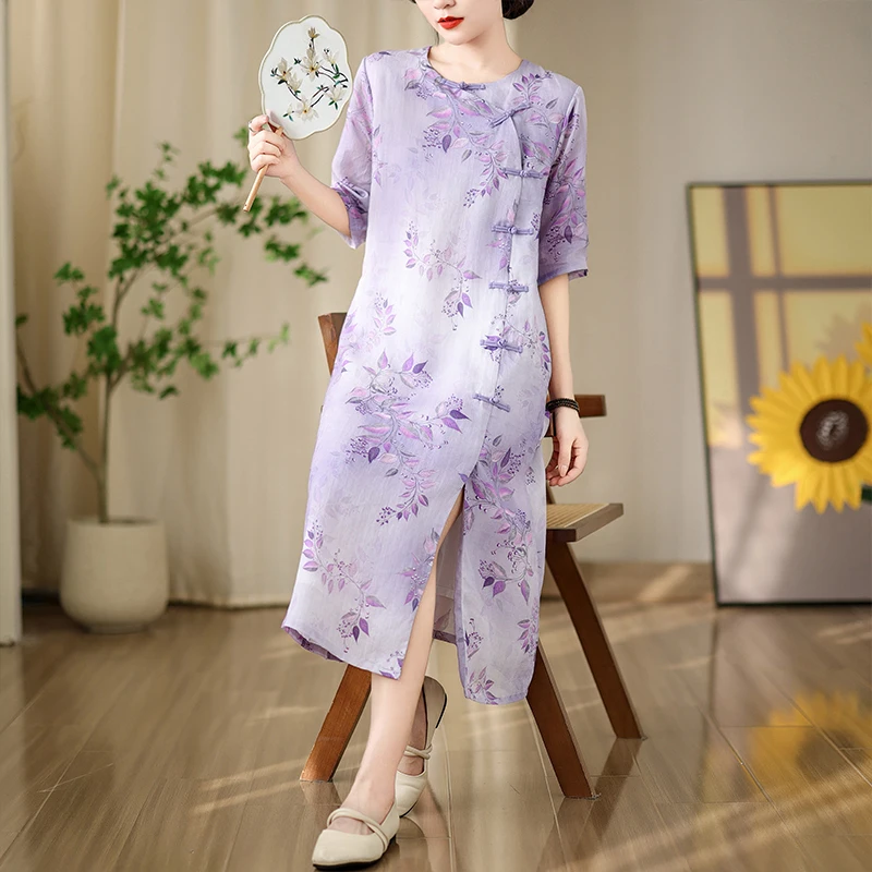 

Элегантное винтажное платье-ципао с принтом, модифицированное, больших размеров, женское, модное, с боковым разрезом, с завышенной талией, А-силуэт, повседневное летнее платье