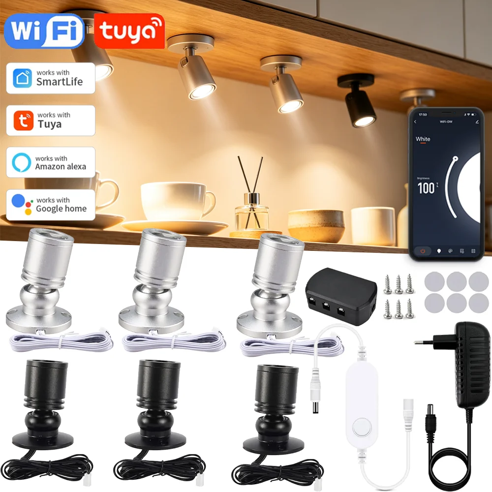 Tuya WiFi DC12V LED Spot Light Rotatable Ceiling Lamp Jewelry Showcase Counter Closet Cabinet Shelf Spotlight for Alexa Google