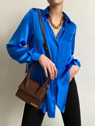 Glossy Satin Shirt 2024 Spring Summer Female Chic Vintage Casual Loose Single Breasted Fashion Blouses Office Lady Basic Clothes