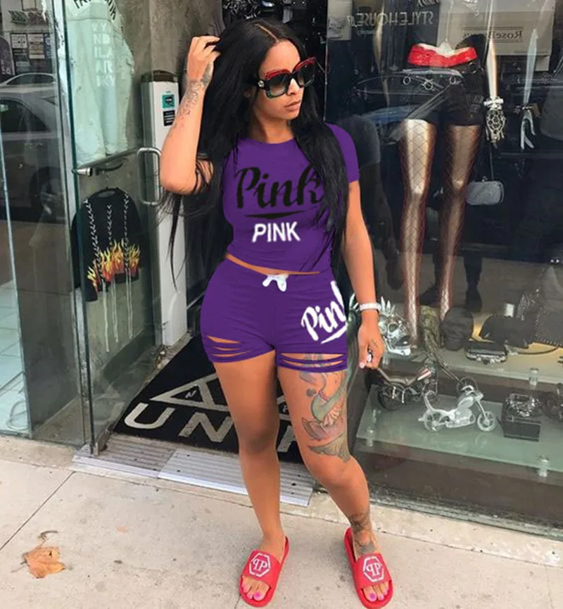 2024 Hot Selling European and American Women's Summer Pink Shorts Letter Print Burn Flower Sports Two-piece Set