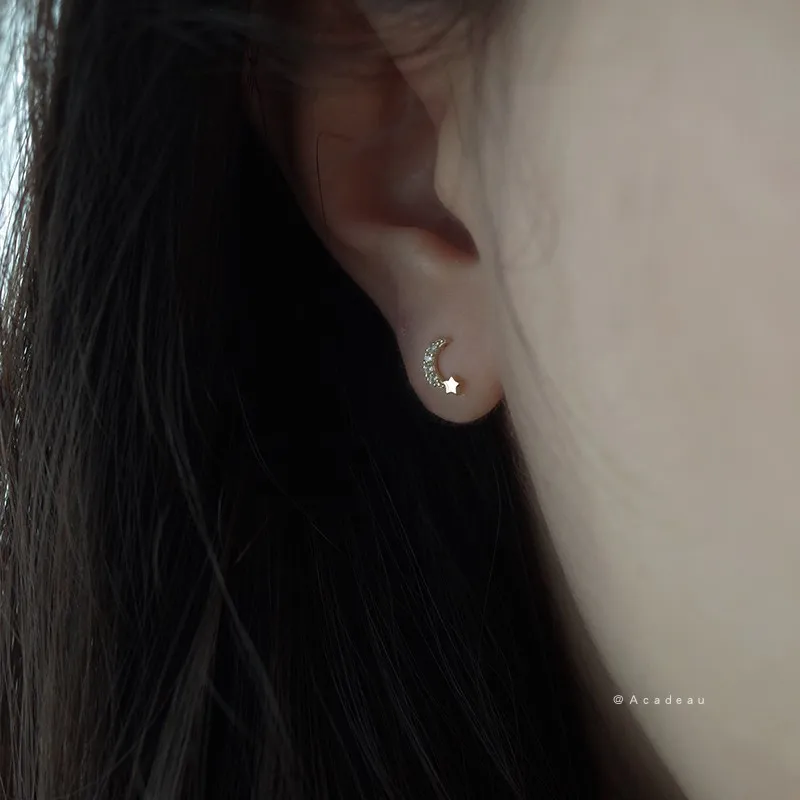 925 Sterling Silver Star and Moon Earrings for Women Girl Micro-set Zircon Small Earrings Korean Fashion Jewelry Party Gift