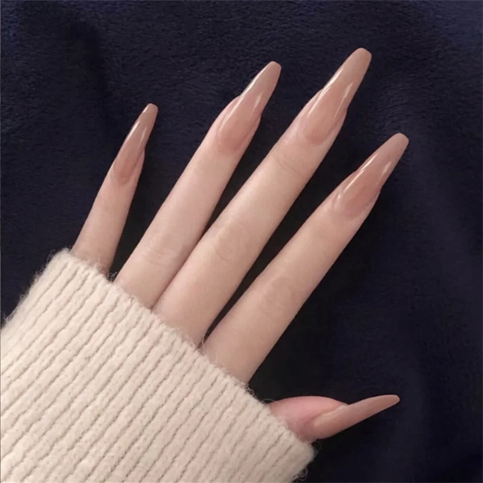24 piezas de uñas postizas con pegamento, color blanco lechoso y degradado rosa, largas en forma de ataúd, cubierta completa 2