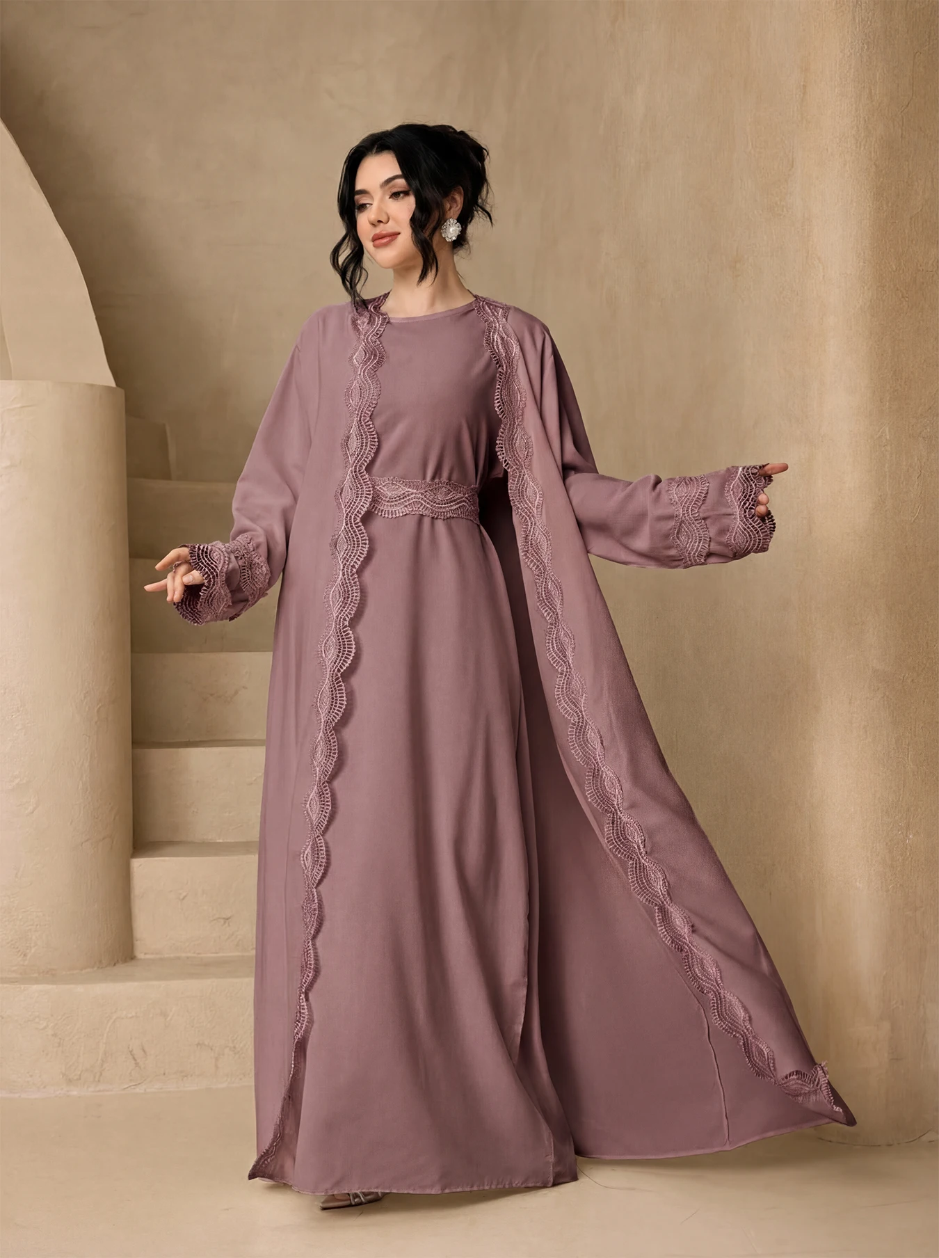 Scalloped Wave Lace Open Abaya 3Pcs Set Hijab Belt, Loose Long Sleeve Modest Maxi Dress Muslim Ladies Eid Daily Outfit