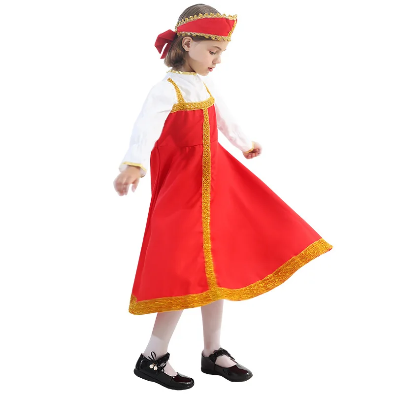 Russian Dance Tutu Dress Puff Sleeve Princess Dress Halloween Red Sarafan Folk Fancy Dress Kid Girls Traditional Russian Costume