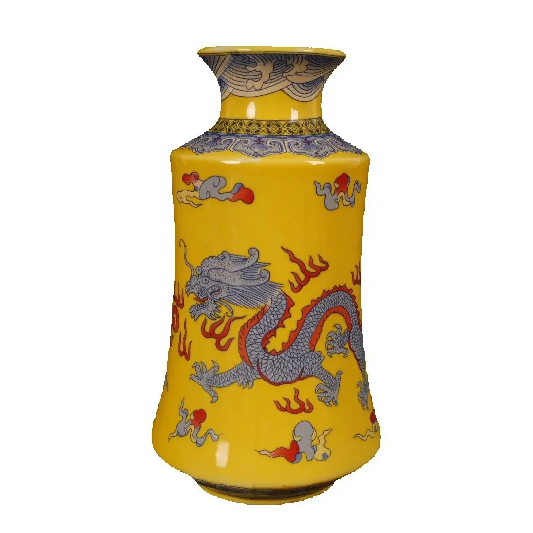 

Chinese Old Porcelain Yellow Glazed Pink Dragon Patterned Small Golden Bell Shaped Bottle Antique Decorative Piece