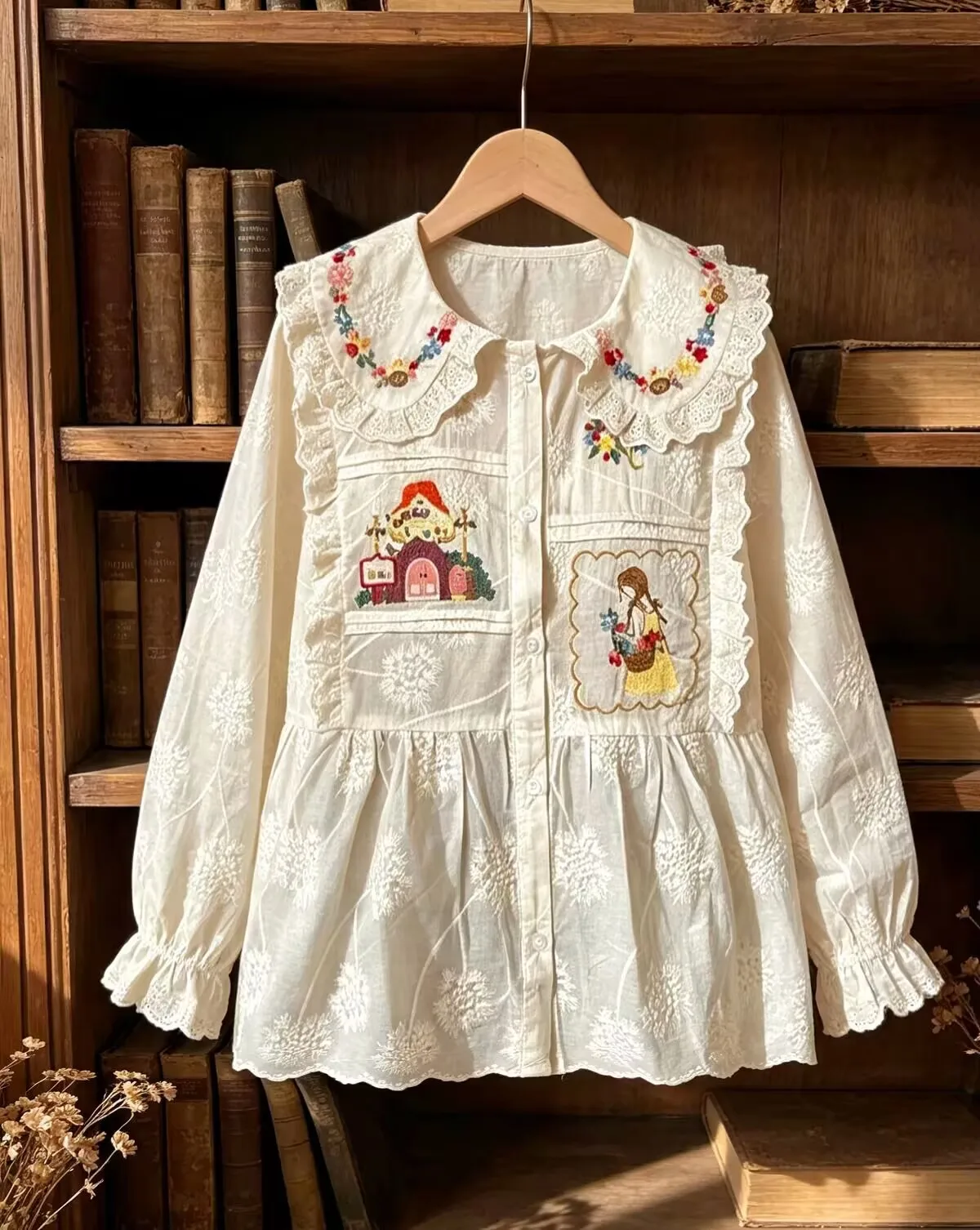 2026 Female Cotton Sweet Kawaii Cute Lolita Ruffled Lace Embroidery Shirt Mori Girl Vintage Cottagecore Harajuku Blouse