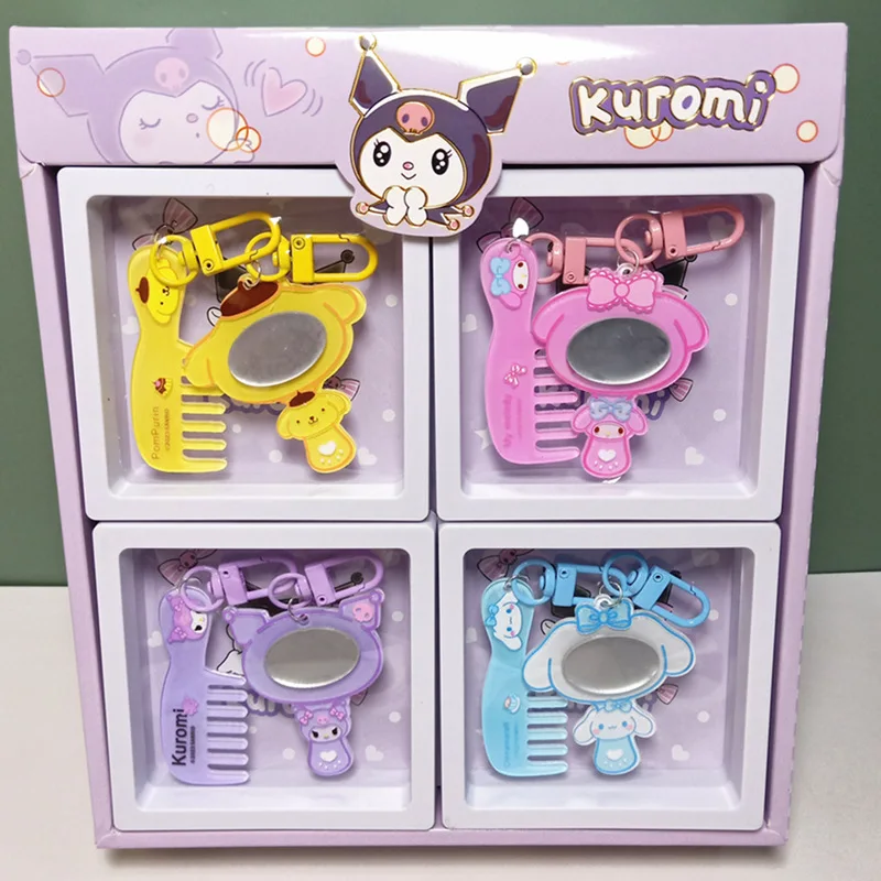 

sanrio Kuromi Melody Cinnamoroll Girl's Mini Mirror Comb Keychain Decorative Pendant Gift Box