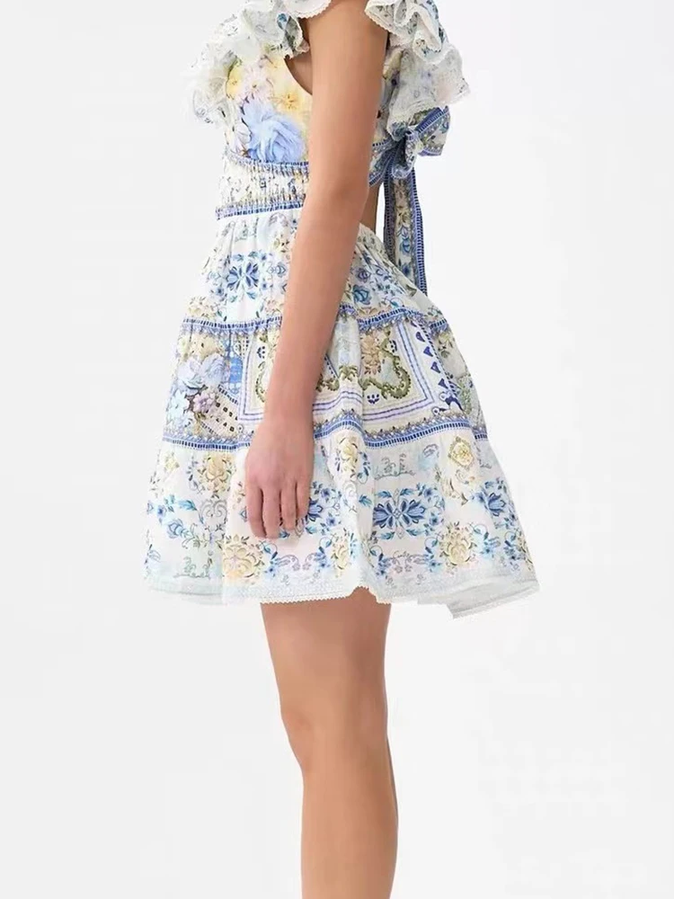 الرجعية الراقية الخامس الرقبة تكدرت تحلق الأكمام تنورة الصيف المرأة الجديدة الخصر حزام نحيف عارية الذراعين المطبوعة عطلة نمط اللباس