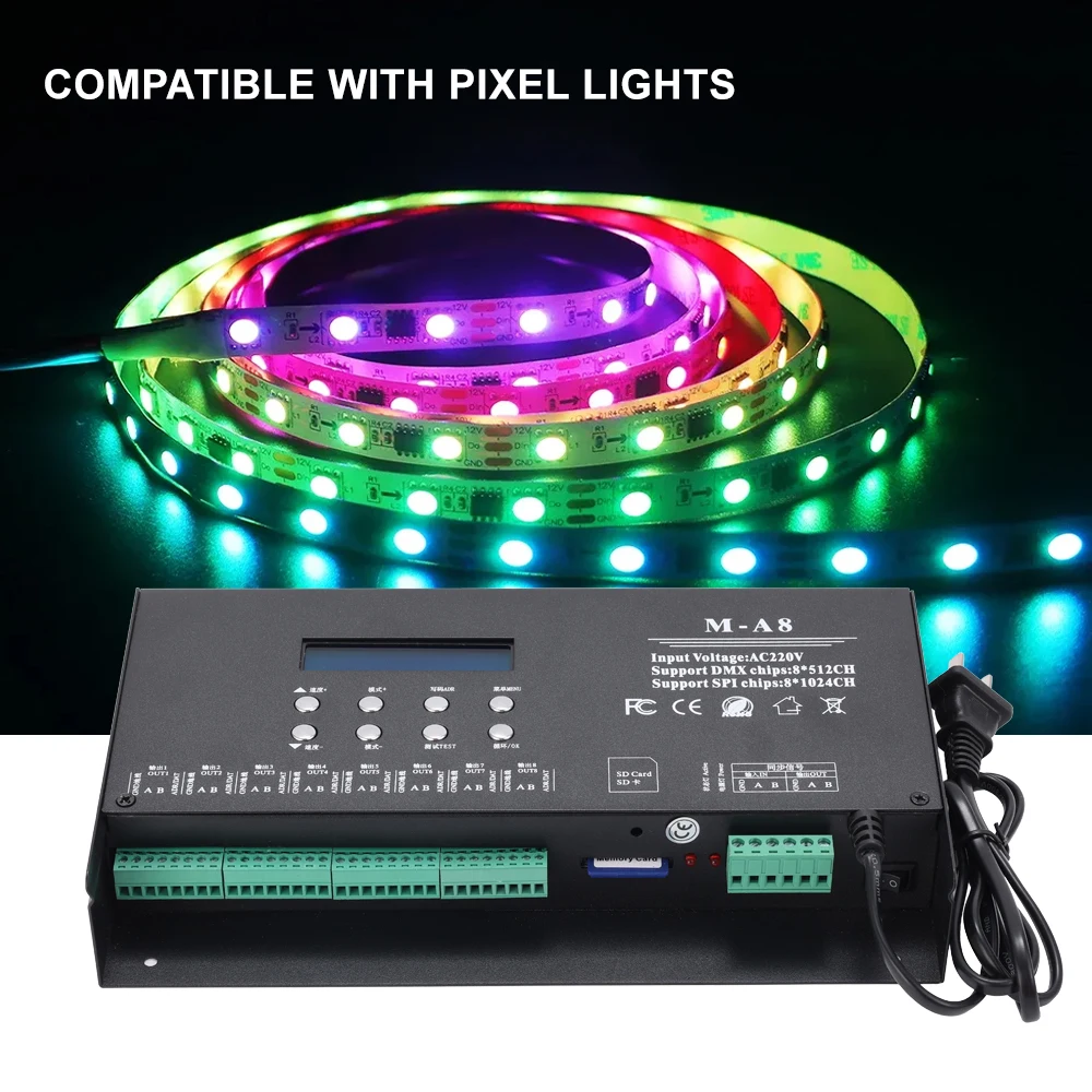 Aipin M-A8 8 Ports Artnet DMX to SPI LED Pixel Controller Supports SD Card DMX512 Console LED Pixel Controller