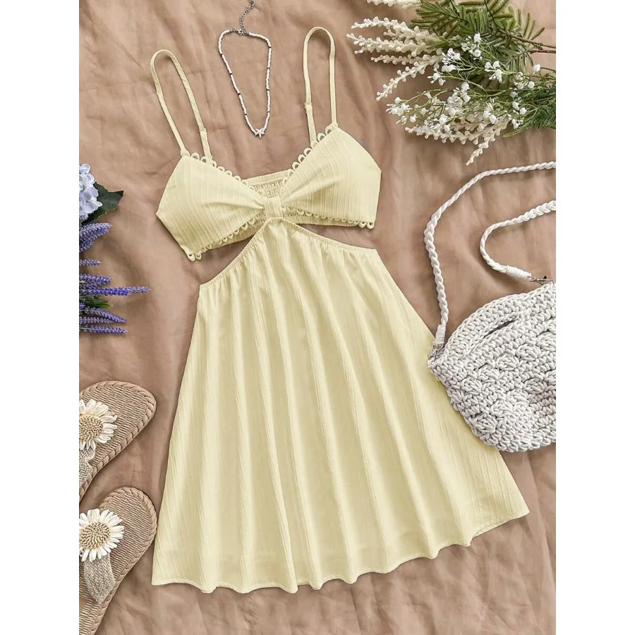 

Летнее платье для женщин Soleia, белое, с V-образным вырезом, на тонких бретелях, с вырезом на талии, пастельные оттенки.