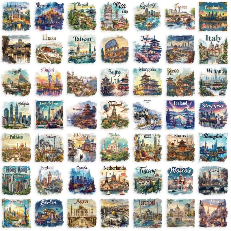 50pcs World Famous Building Aesthetic Travel Landmark Varied Sticker Pack for Kid Car Scrapbooking Decoration Graffiti Decals