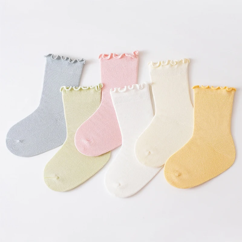 Baby Girls Socks Ruffle Cuff Mid Tube Cotton Newborn Socks Solid Color Comfortable Toddler Kids Socks for Girls