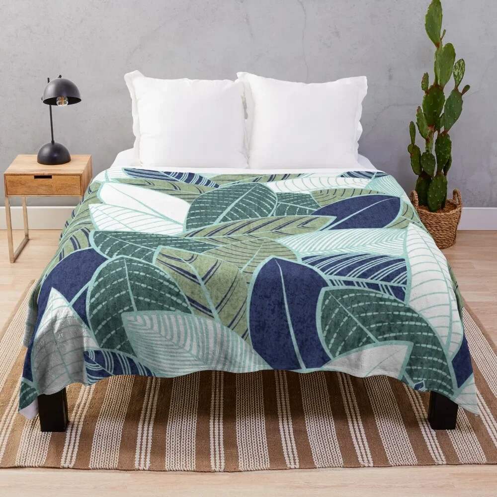 Leaf wall // navy blue pine and sage green leaves mint lines Throw Blanket Comforter Softest Blankets