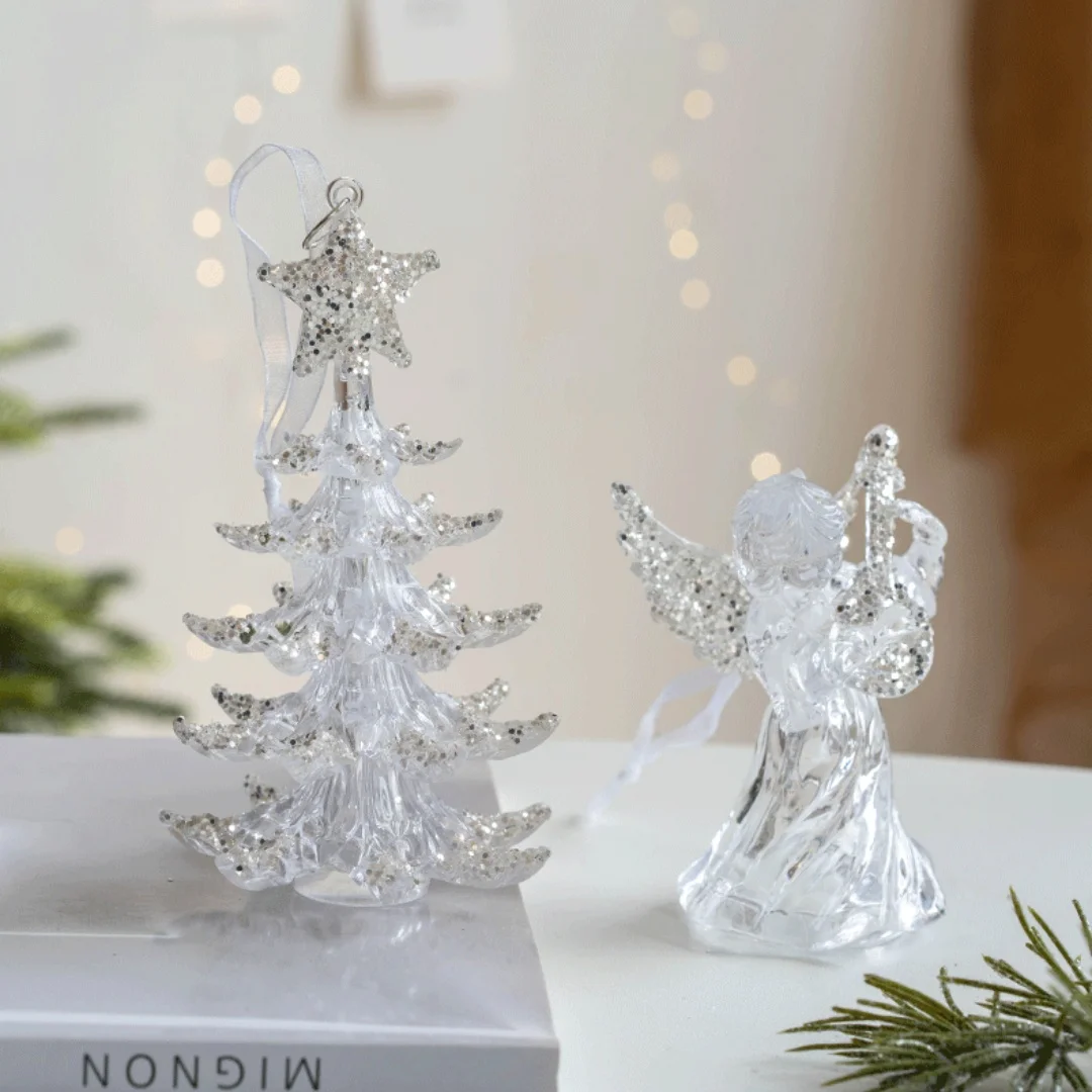 Transparent Acrylic Christmas Tree Snowflake Deer Angel Cane Hanging Christmas Tree Pendant for Christmas Party Decorations