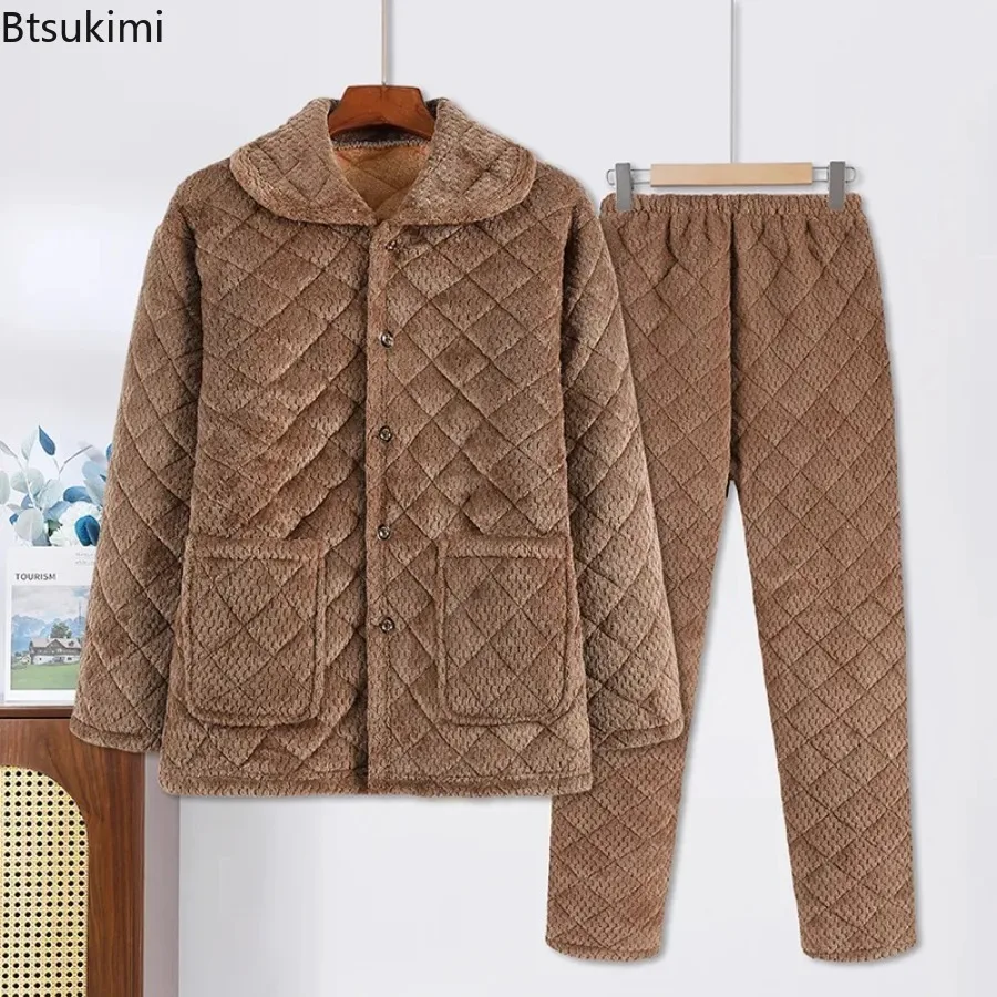 Męski zimowy gruby komplet piżamowy, jednolity kolor, przytulny polar, ciepły strój domowy, bawełniany, ocieplany, dwuczęściowy zestaw do spania i wypoczynku dla mężczyzn.