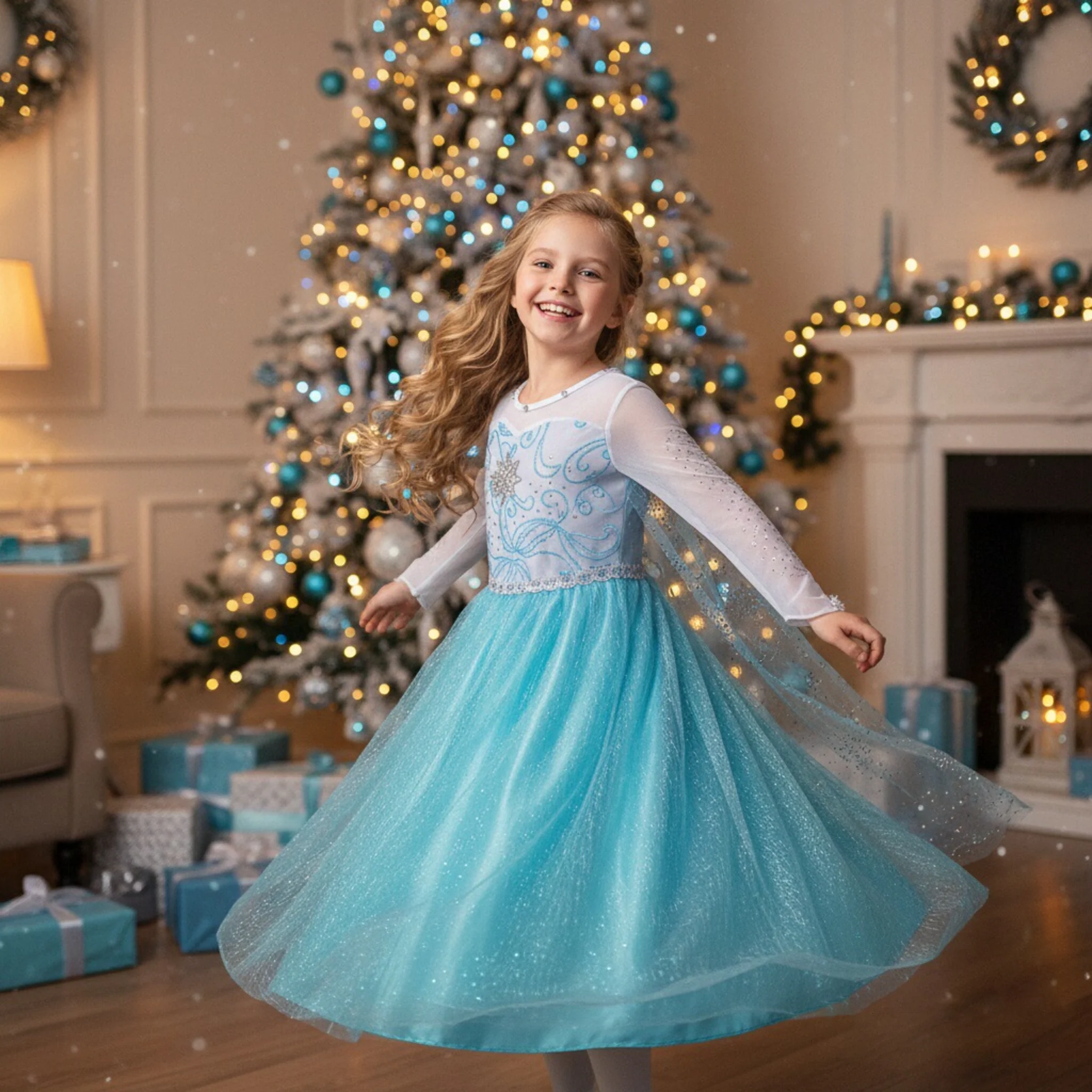 Long Sleeve Princess Costume with Skin-friendly Soft Tulle Layer for Comfortable Wear Wedding Flower Girl Carnival Cosplay Dress