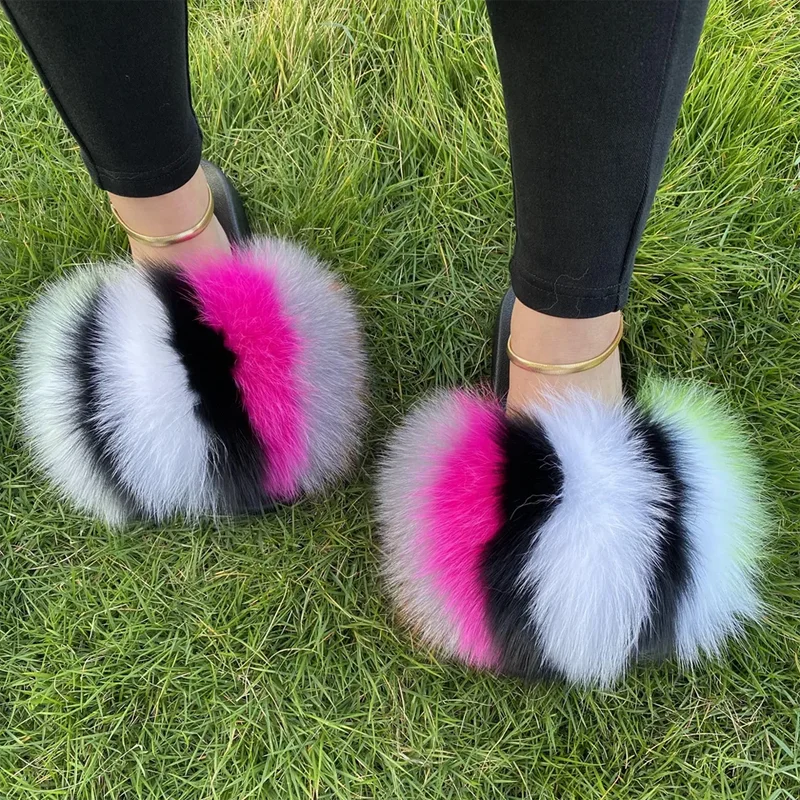 Hot Sale Trend Wholesale Ladies Custom Fur Furry Fluffy Sandals Plush Real Fur Women Fox Slippers Slides Shoes Flip Flops Vendor