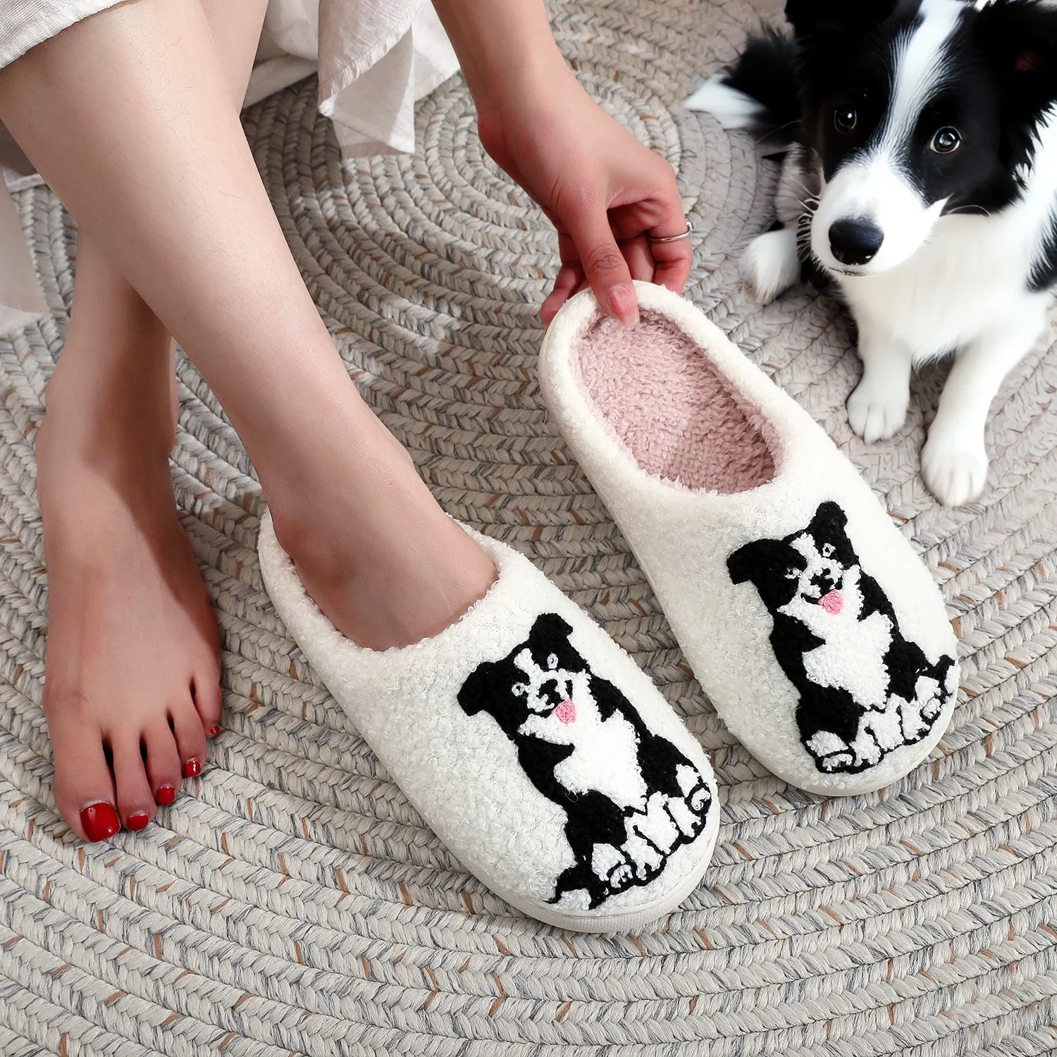 

Border Collie Pet Dog Embroidered Plush Home Slippers Cute Warm Non-Slip Indoor Slippers Pet Mom Gift for Men Women Wholesale