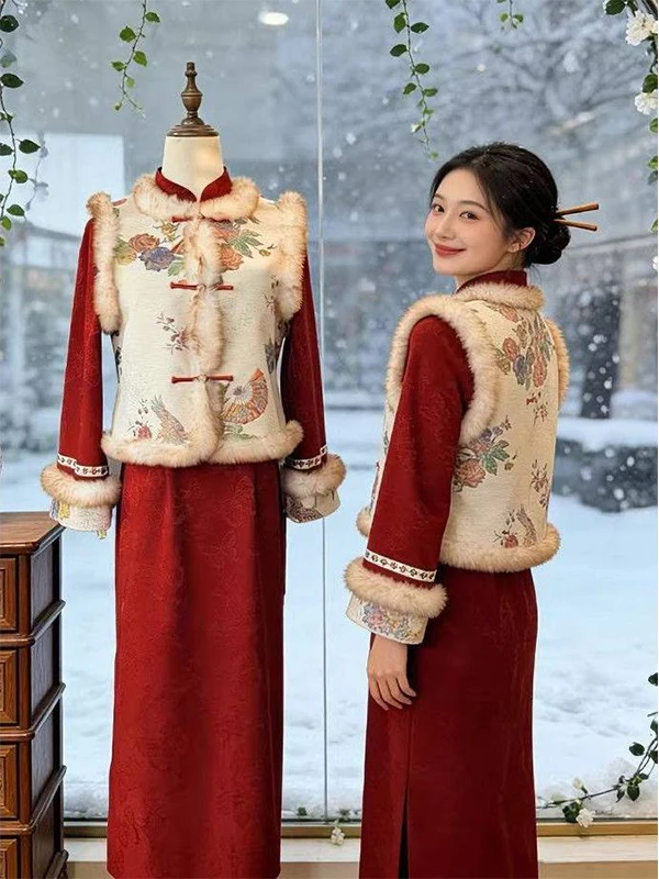 

Red eup Winter New Year Women's Faion Set Flag Robe Cotton Jaet Thiened Long Sve High Waist Floral Print Dr