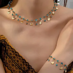 Jewelry Set For Women Shell Blue Glass Beach Vacation Bohemian Style Necklace Bracelet Suit Party Gift Holiday E458