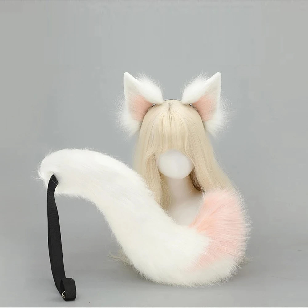 الوردي الأبيض الثعلب الأذن الذيل فروي تأثيري أغطية الرأس ذيل كبير أفخم كوميك كون الأداء الدعائم الحيوان زي حفلة الملحقات #1