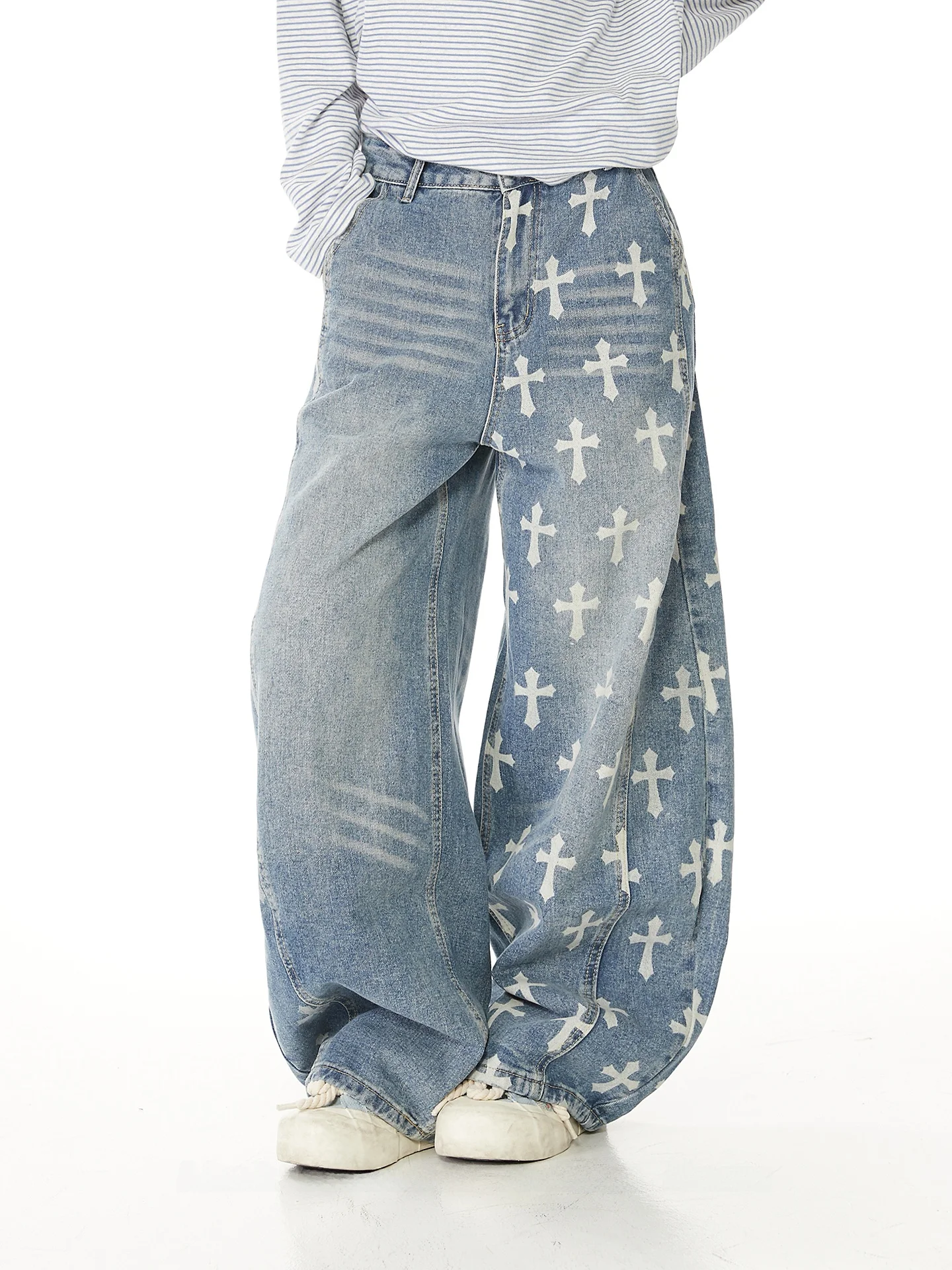 

Waed American Casual Cross Print Wide Leg Jeans Women's Spring Autumn Loose Fit Denim Pants Trendy Brand Knife Pants