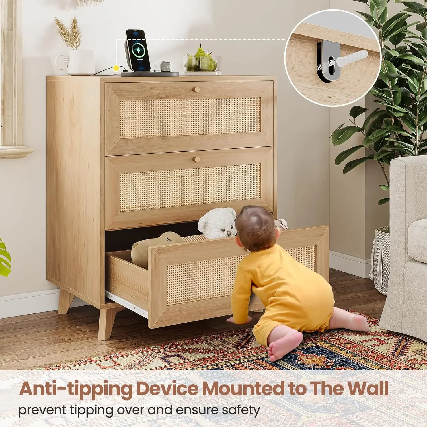 [한정 재고! 충전 스테이션이 있는 라탄 나이트스탠드 2개 세트, 3개의 대형 위커 장식 서랍이 있는 천연 라탄 나이트스탠드