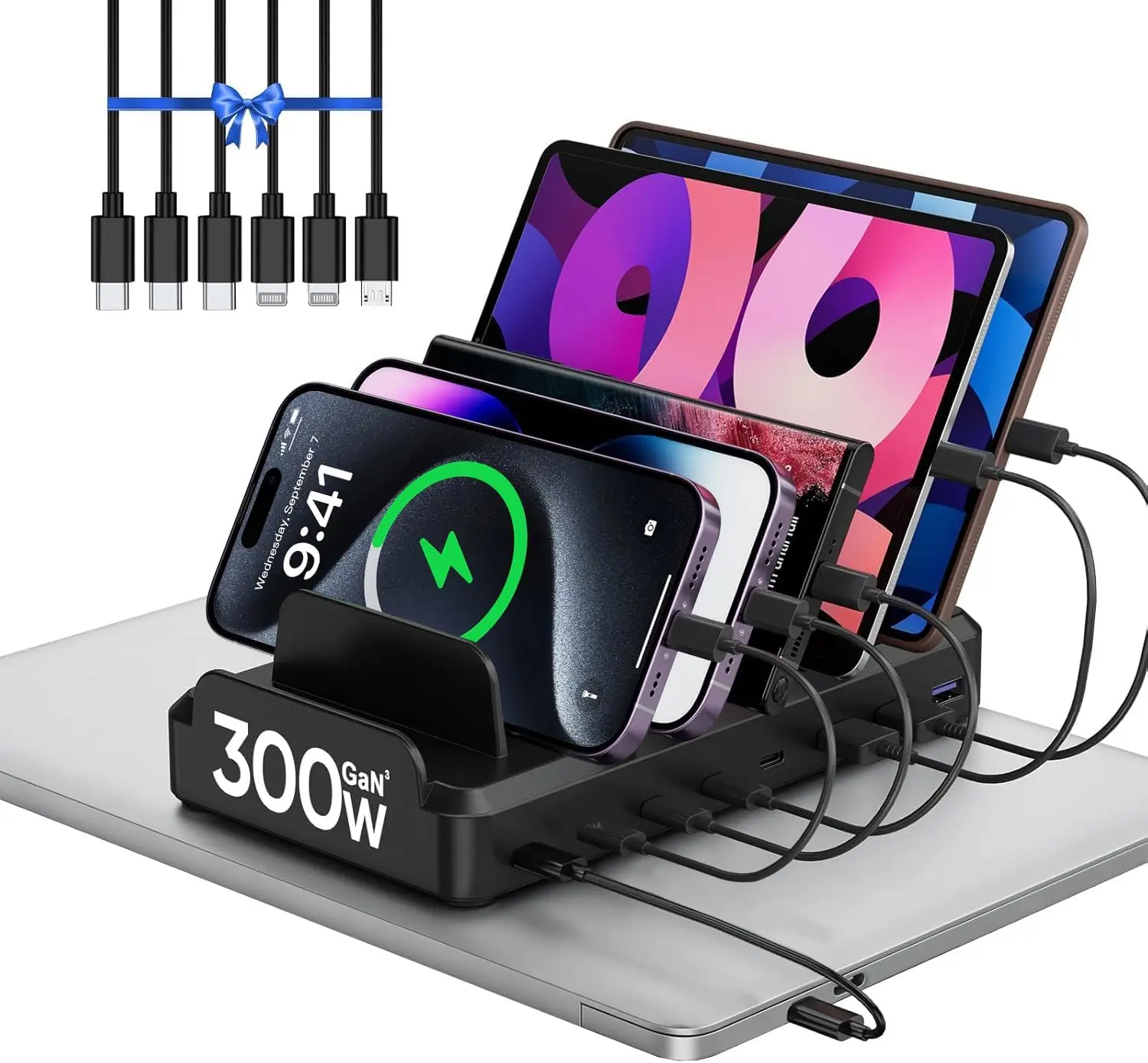 300W 8-Port USB-C Charging Station for Laptop, Phone, Tablet, Fast Charger Dock with 6 Cables