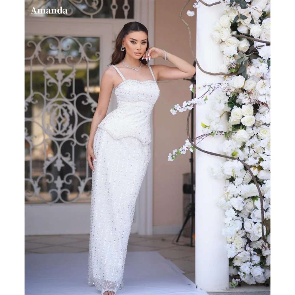 Amanda Customized White Column Shiny Sequins Prom Dresses Beading Spaghetti Strap vestidos de noche Sleeveless Formal Evening
