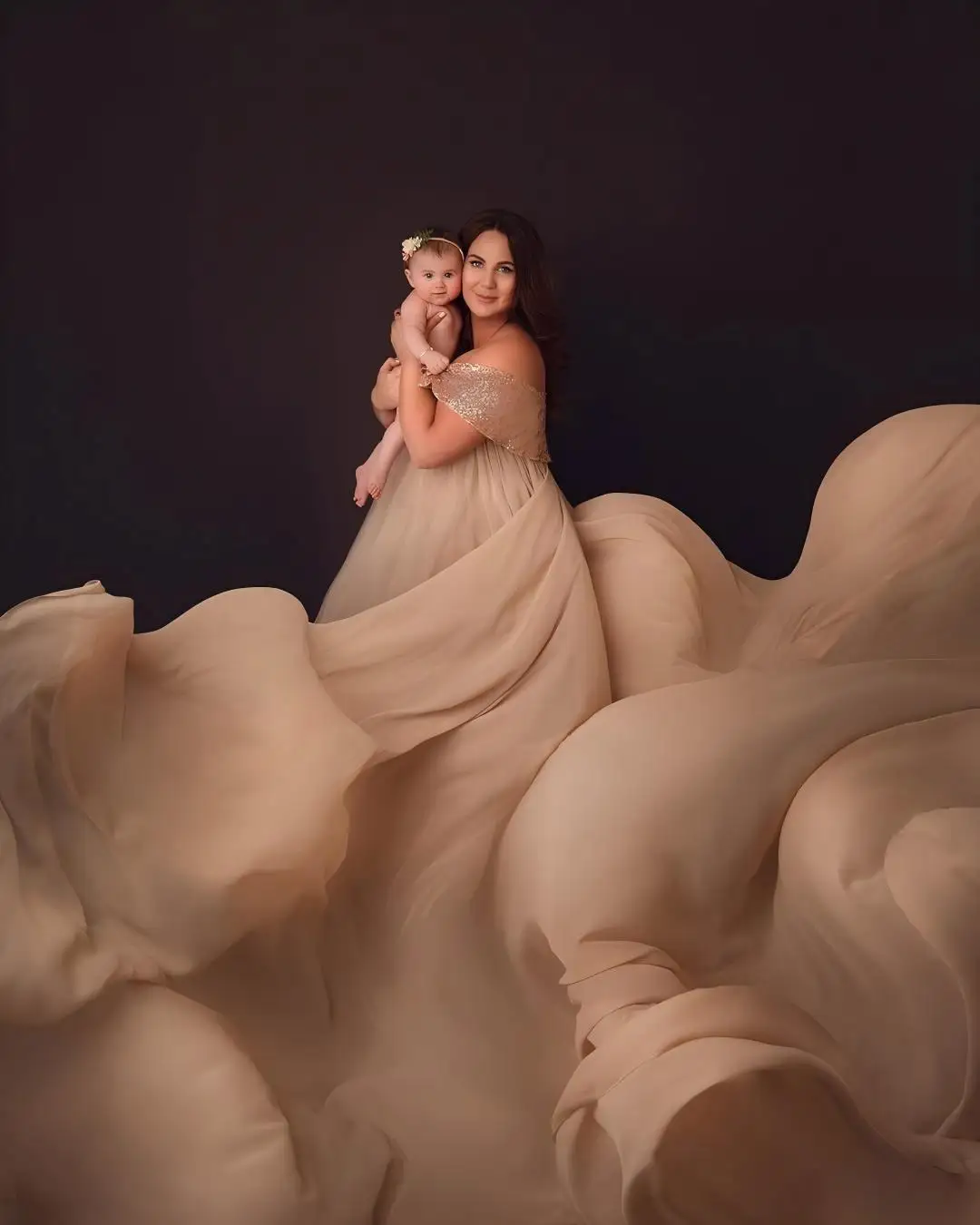 Sequins and Chiffon A-Line Flowing Photography Dresses for Pregnant Woman Champagne Maternity Dress Custom Made High Quality
