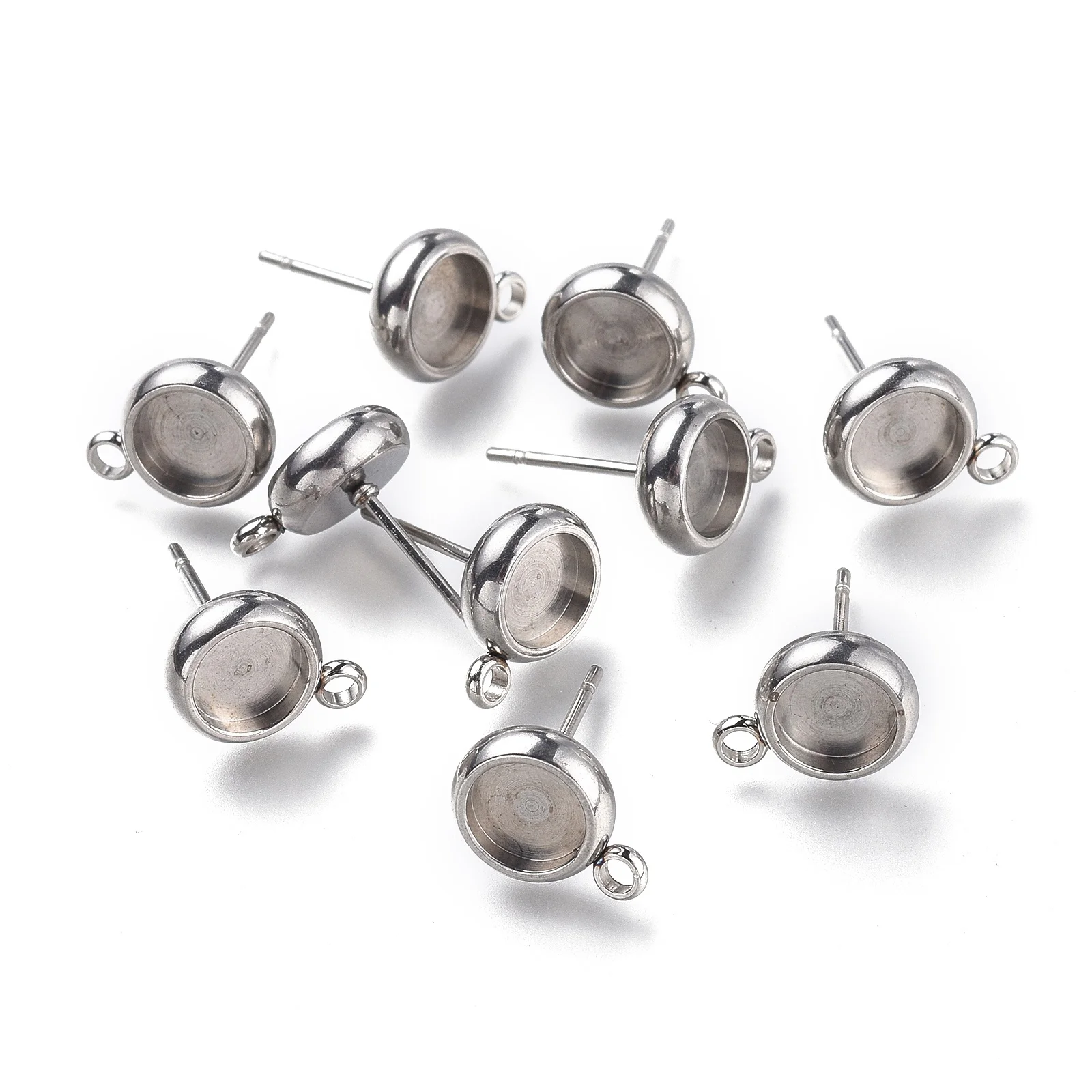 10pcs Stud Earrings Base 304 Stainless Steel Flat Round Setting Blank Earring Cabochon Tray DIY Fashion Jewelry Making Findings