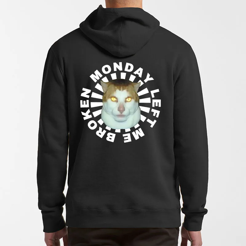 Monday Left Me Broken Cat Hoodies Funny Cats Meme Hate Jobs Jokes  Hooded Sweatshirt Soft Unisex Pullover For Men Women