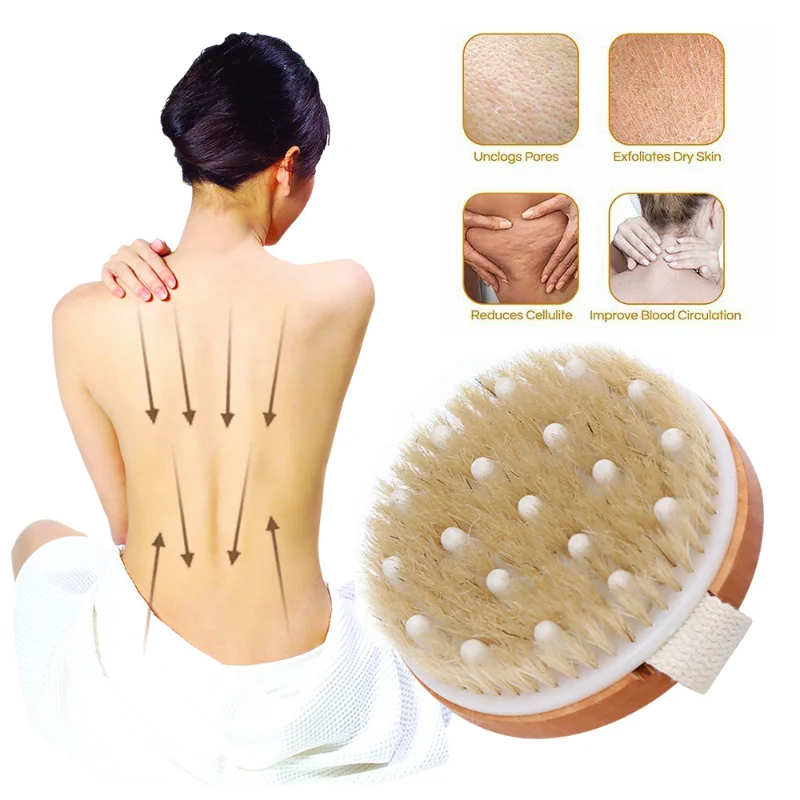Dry Skin Body Bathing Brush Soft Natural Bristle Spa Exfoliating Wooden Body Shower Brush Massage Tools for Cellulite Exfoliates