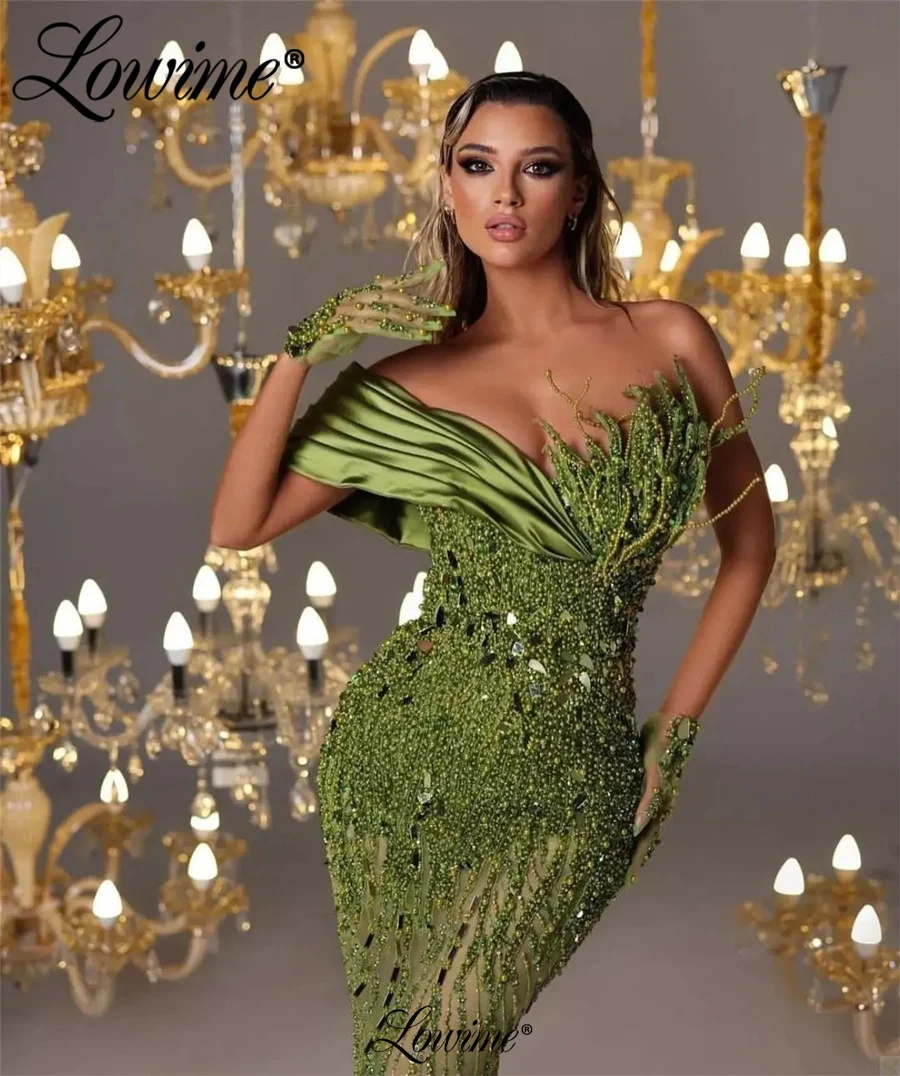 Lowime Robe De Soiree 2023 Verde Beading Sereia Festa Vestidos Personalizar Cristais Longos Vestidos De Noite Para As Mulheres Árabe Prom Dress