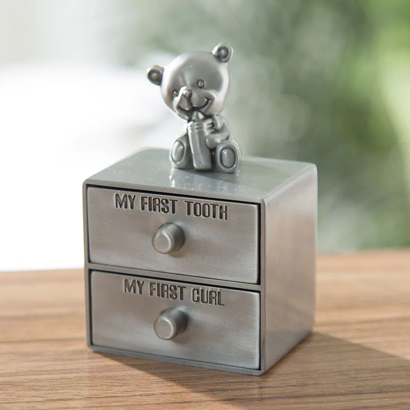 Baby First Teeth And Hair Box Metal Craft Gift Bear Design Drawer Box Teeth Hair Storage Box