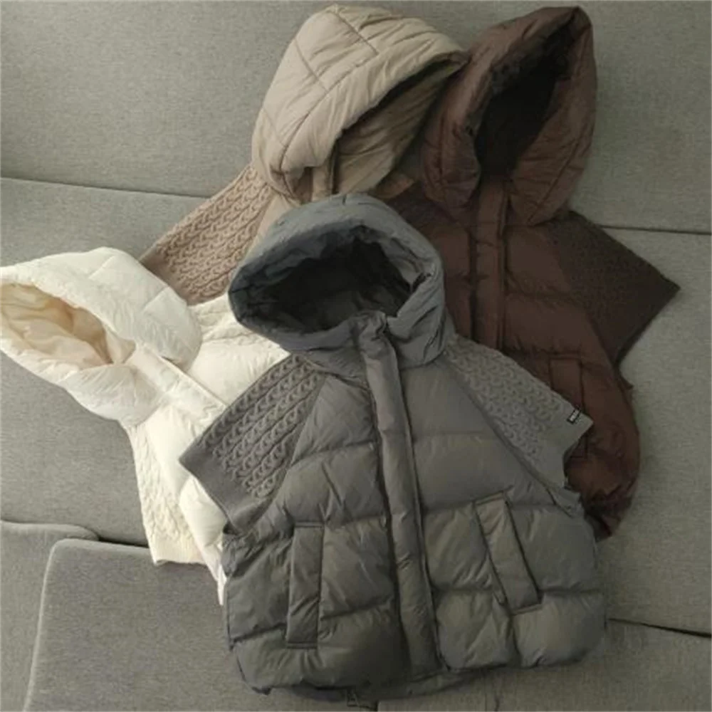 Women's 2026 New Knit Patchwork Hooded Down Vest Thickened Fashion Cape Coat