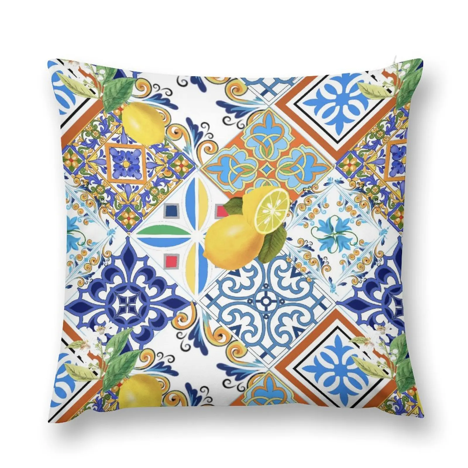 

Mediterranean Tiles & Lemons Throw Pillow luxury home accessories Couch Cushions Pillow Case Christmas Sofas Covers pillow