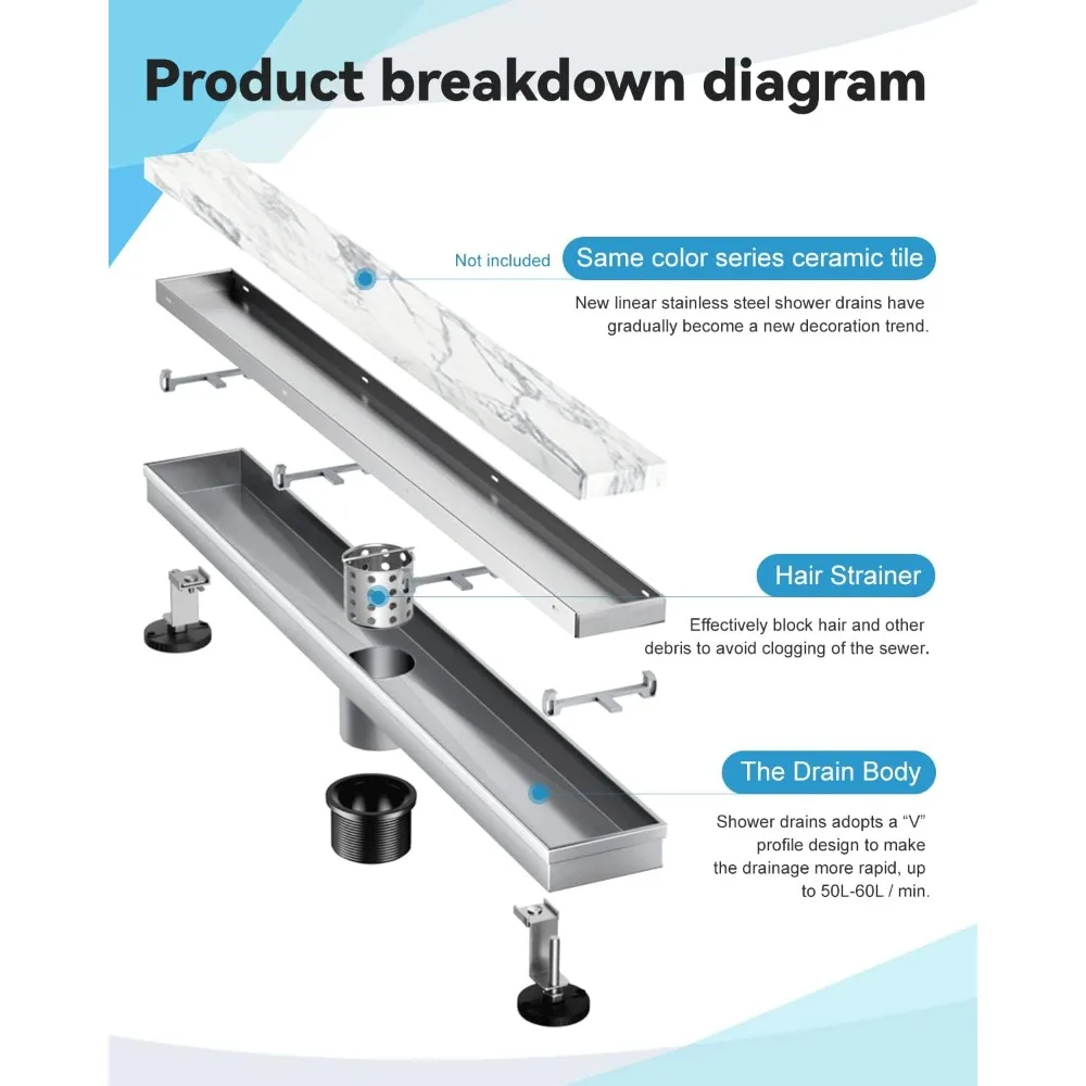 Shower Drain, Linear Shower Drain 72 Inch Steel Shower Floor Drain with Tile Insert Grate,Adjustable Feet,Hair Filter