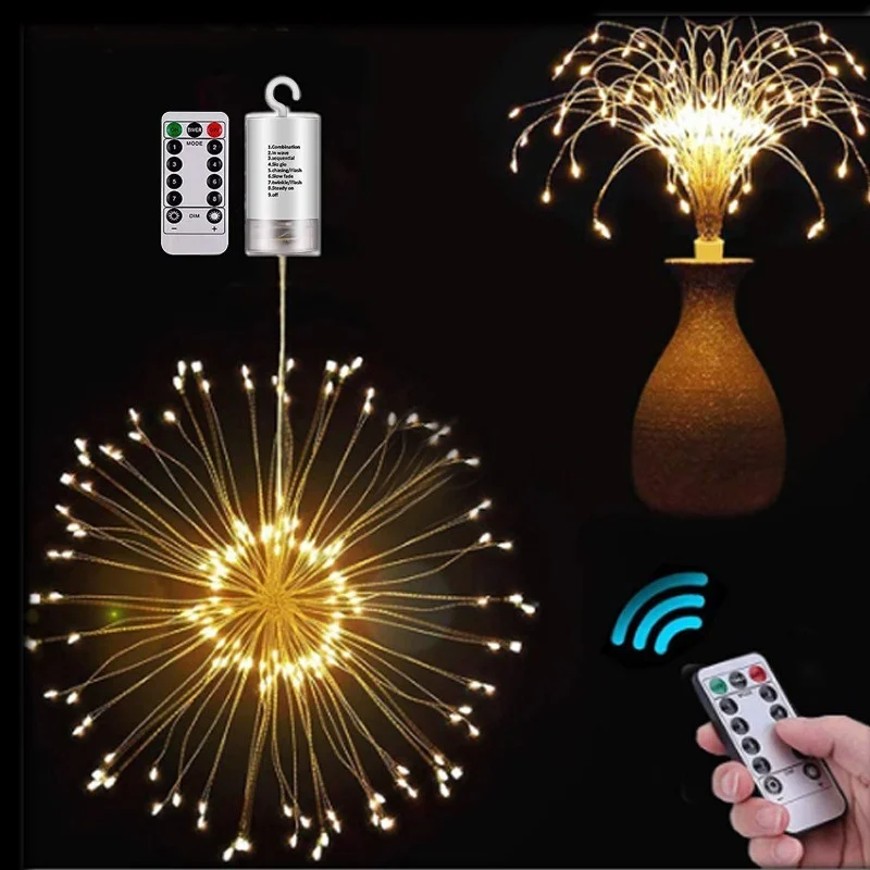 Luzes de fogo de artifício ao ar livre com controle remoto Pendurado Dandelion Fairy Light, Impermeável Festival Decoração Lâmpadas 180 LED